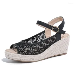 Sandals INS Lace Leisure Women Wedges Heeled Platform High Heels Open Toe Beach Shoes For Zapatos De Mujer Black Beige 43