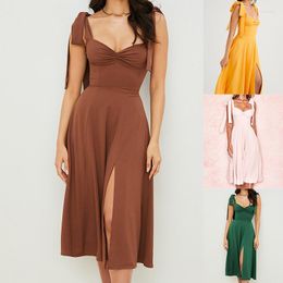 Casual Dresses 2023 Fashion Women's Sexy Halter Mid-length Dress V-neck Sleeveless Open Waist Pure Colour High