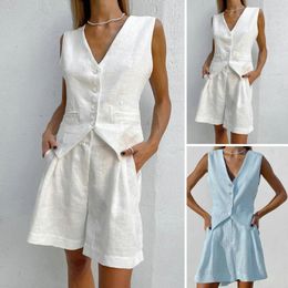 Women's Tracksuits 2Pcs/Set Women Vest Blazer Shorts Suit Summer V Neck Pocket Sleeveless Solid Colour Ladies Cotton Line Waistcoat Top Sets