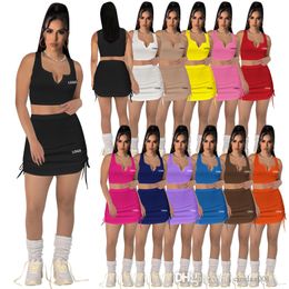 Womens Cotton Pit Stripe Skirt Set High Elastic V-neck Open Waist Drawstring Embroidered Two Piece Dress Suit