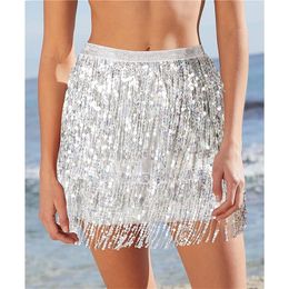 Skirts Women Sequined Fringe Glitters Elastic Waist Miniskirt Mini for Dance Rave Party BlackSilverGoldRed 230509