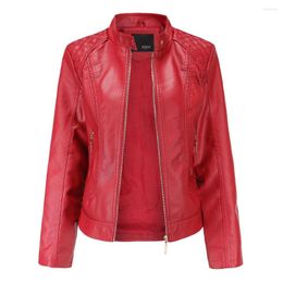 Women's Leather 2023 Jacket Women Zippers Spring Autumn PU Mandarin Collar Red Motor Biker Coat Female Oversized