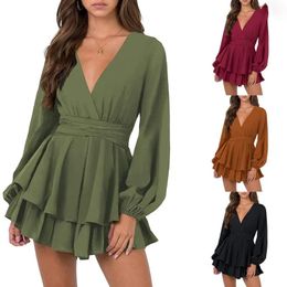 Casual Dresses Women Short Wrap Dress Multi-layered Ruffled Hem Elegant Deep V-neck Long Sleeve For Party