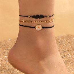 Fashion Dripping Oil Small Daisy Flower Anklets Black Feather Rope Multi-layer Foot Chain Ankle Bracelets for Women Accessories