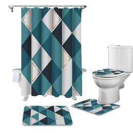 Shower Curtains Triangular Blocks Geometric Bathroom Curtain Set Bath Mat Sets With Hooks Non-Slip Pedestal Rug Toilet Cover