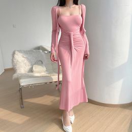 Casual Dresses Little Sweetheart Slim Dress Set Strap Cardigan Fit&Slim Ins Solid Color Long 2 Piece