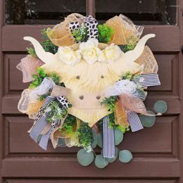 Decorative Flowers Wreath Pendant Handmade Easy To Hang Highland Cattle Front Door Hanging Welcome Sign Home Decor