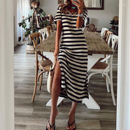 Casual Dresses Women Striped Long Dress 2023 Summer Vintage Short Sleeve Maxi Split Sundress Female Loose V-Neck T Shirt