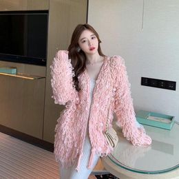 Women's Knits Autumn Korean Style Knitted Hollow Mohair Sequins Loose Cardigan Sweater Jacket Women Plush Personality Coat