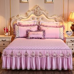 Bed Skirt Pink Lace Embroidery Princess Bedding Bed Sheet Queen King Thick Warm Quilted Bed Skirt Bedspread Mattress Cover With Cotton 230510