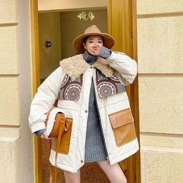 Women's Trench Coats 2023 Winter Lamb Fur Collar Women's Bio-down Cotton-pad Jackets Bohemian Ethnic Style Jacquard Tooling Parka