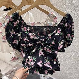 Women's Blouses Blusas De Mujer Floral Printed Chic Blouse Women Short Puff-sleeve French Style Blusa Femininas Peplum Vintage Summer