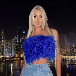 Women's Tanks Camis Furry Crop Top Women Natural Ostrich Feather Tank Tunic Vest Sleeveless Bra Club Party Female Tube Cropped Tops Wrap 230510
