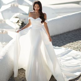 Satin Off Shoulder Wedding Dresses With Detachable Train Plus Size Mermaid Bridal Gowns Lace Up Back Castile Vestidos De Novia 326 326