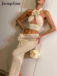 Two Piece Dress 2023 Chic Net Knit Tie Flower Elegant Skirts Set Women Club Outfits Halter Backless Tops and Split Bodycon Skirt T230510