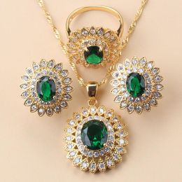 Necklace Earrings Set 925 Mark Gold Colour Sunflower Big With Green Stone Clip Ring And Bracelet For Women Bridal Sets