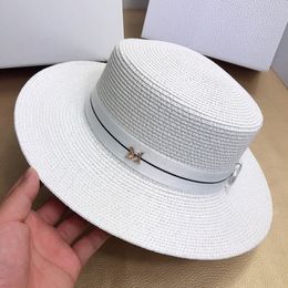 Customised French straw hat for women with flat top M letter white top hat for women with British sun protection, seaside vacation, and sunshade hat trend