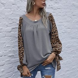 Women's Blouses Women Spring Autumn Splicing Blouse Shirt Bow Decor V-Neck Long Sleeve Leopard Print Casual Loose Pullovers Top Women's