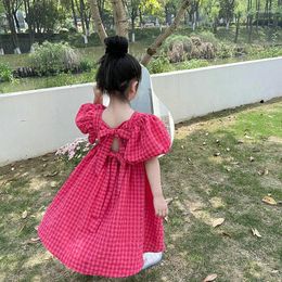 Girl Dresses 2023 Summer Princess Dress Square Collar Puff Sleeve Pullover Plaid Cotton Bright Sweet Fashion Casual Unique Soft Girls Kids