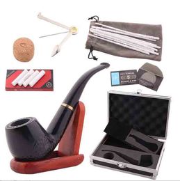 Solid Black Wood Ebony Hand Tobacco Cigarette Smoking Pipe Set With Cleaner Knife Filter Case Mesh Gift Box Tool Accessories