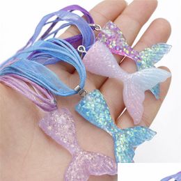 Pendant Necklaces Fashion Mermaid Fish Tail Necklace Beauty Gardient Color Resin Ribbon Wax Rope For Girls Women Best Gifts Dhgarden Dhhvj