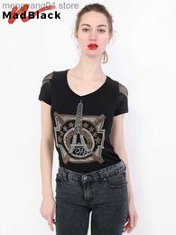 Women's T-Shirt MadBlack Summer Korean Clothes T-Shirt Fashion Shiny Diamonds Eiffel Tower Women Tops Nylon Sexy Back Shirt Tees 2022 New T04817 T230510