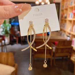 Dangle Earrings 925 Silver Needle Long Ball Pendant Tassel Cross Zircon Rhinestone Women's Trendy Korean Geometric Stud