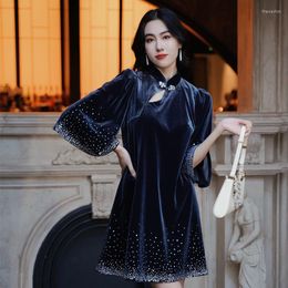 Casual Dresses SIMEIZI Improved Loose Formal Dress For Women 2023 Spring Chinese Style Slim Blue With Diamond
