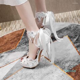 Dress Shoes Spring And Summer Lace Fish Mouth Pearl Silk Wedding Sandals Rhinestones Collocation Stiletto Large Size Women's