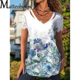 Women's TShirt Elegant Plants Floral Print Lace Short Sleeve Tops Female Summer Daily Casual Hollow Out V Neck Pullover Tees 23 230510