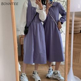 Casual Dresses Long Sleeve Dress Women Simple Tender All-match Stylish Friends Japanese Style Daily Mid-Calf A-Line Elastic Waist Autumn