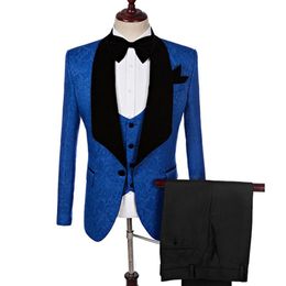 Men's Suits & Blazers Nice Rest Boutique Business Blue Pattern Suit Three Piece Trousers / Male Lapel Jacket Vest Pants