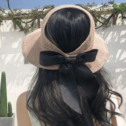 Wide Brim Hats Women Summer Sun Hat Beach Foldable Black Bow Cap Khaki Sunscreen Temperament Flat Big Straw Uv Cut Outdoor
