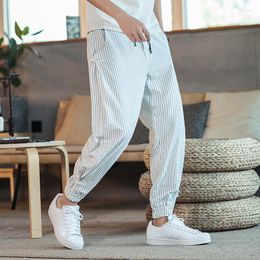 Men's Pants Streetwear Mens Harem Fashion Casual Stripe Men Cotton Linen Trousers Spring Summer Woman Sweatpants Big Size
