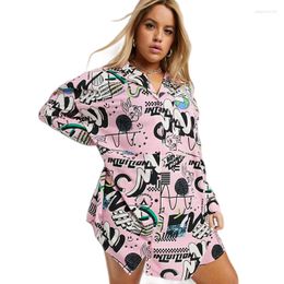 Plus Size Dresses Long Sleeve Spring Fashion Shirt Dress Women Loose Casual Button-Down Collar Cartoon Print Blouse Mini 6XL 7XL