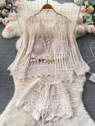 Two Piece Dress SINGREINY Hook Beach Style Three Set Hollow Out Cardigan Halter Camisole Wide Leg Shorts Vacation Knitted Suits 230510