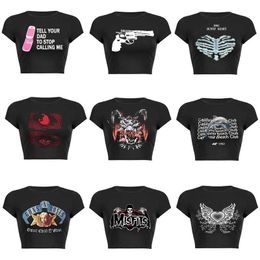 Women's T-Shirt Y2k Sexy Punk Vintage Gothic Black T Shirt 2000s Clothes For Women Halloween Fashion Crop Top O-neck Short Sleeve Tee Streetwear P230510