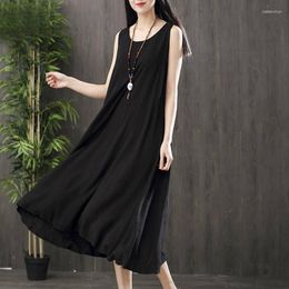 Casual Dresses Women Sleeveless Dress Neck Linen Pocket Long Mid-Calf Round Daily Wear Summer