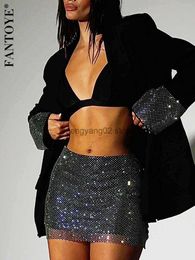 Two Piece Dress Fantoye Glitter Diamond Shiny Women Blazer Set Double Layer Blazer Fishnet Skirt Female Two Piece Set Fashion Club Night Outfits T230510