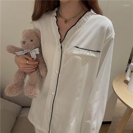 Women's Sleepwear Ice Silk Spring Pajamas Set Women Black White Home Suit Two Piece Shirts Long Pants Ruffles Sweet Summer Homewear Korean