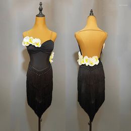 Stage Wear 2023 Latin Dance Performance Dress For Women Black Flower Fringe Sexy Competition Clothing Cha Rumba Costume JL5427