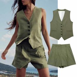 Women's Tanks Camis TRAF WOMEN Fashion Front Button Flax Blending Waistcoat Vintage V Neck Sleeveless Female Outerwear Chic Vest Tops 230510