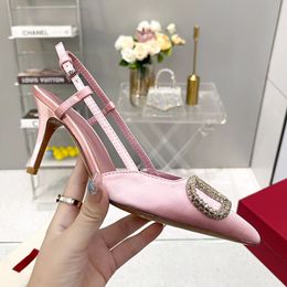 Hardware buckle decorative Dress Shoes real silk pointed toe Slingback stiletto pumps Women's party Evening shoes Luxury designers high heels factory footwear