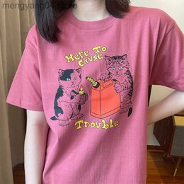 Women's T-Shirt Here To Cause Trouble Funny Cats Printing Kpop T shirts Women Short Sleeve Loose Cotton Graphic Tees 2022 Summer Casual Shirts T230510