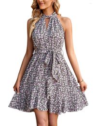 Casual Dresses Women S Sexy Sleeveless Halter Neck Dress Floral Summer Backless A Line Pleated Beach Sundress