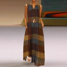 Casual Dresses Elegant Sexy Outfits Ladies Summer For Women 2023 Plus Size V Neck Sleeveless Plaid Maxi Dress Loose