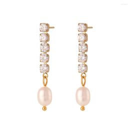 Dangle Earrings 2023 Elegant Shiny Zircon Chain Freshwater Pearl High Quality 18K Gold Plated Waterproof For Women Jewelry