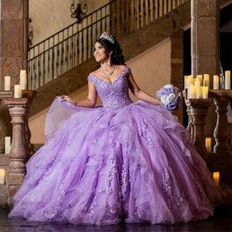 Lavender V-Neck Ball Quinceanera Dresses Applique 3D Flower Tulle Off The Shoulder Sweet 15 16 Princess Party Gown