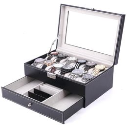 Watch Boxes Cases 12 Slot PU Leather Storage Men Women Jewelry Display Drawer Case 2Tier Organizer Showcase with Glass Lid 230509