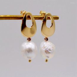 Stud Earrings Dangle Women's Genuine Baroque Natural Freshwater Pearl White Flame Ball Hollow Gold Plated Jewellery Fashion Gift